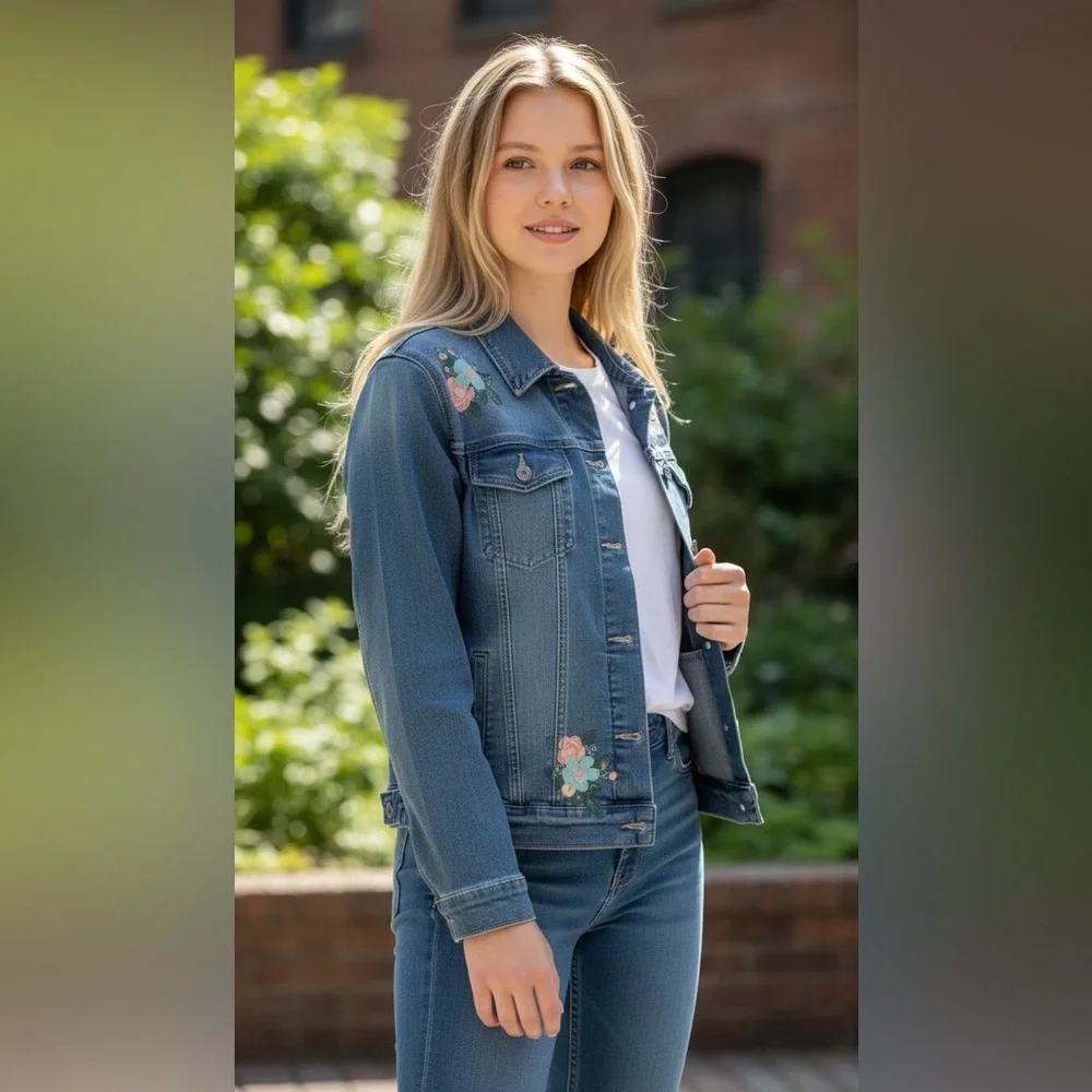 Arizona Jean Company Blue Jean Jacket with Floral Embroidery
